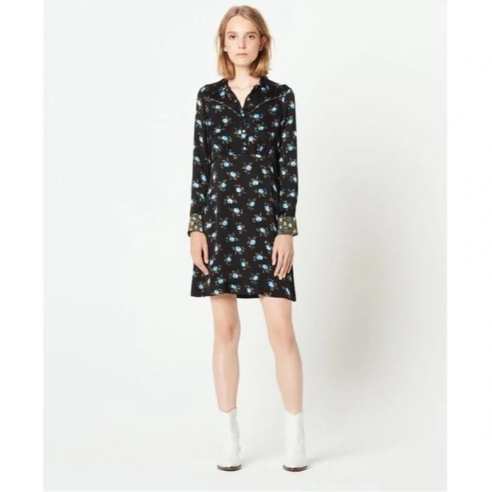 Sandro Paris Black Floral Button-Front Satin Dress- Size 38 (US 6) 100% Viscose - Picture 2 of 14